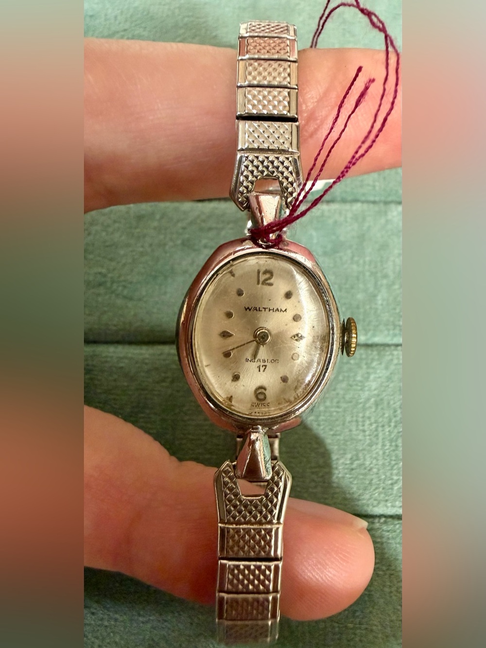 Waltham Women's Silver-Tone Oval Watch- Stretch Band